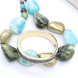 Gold+Rhinestone Hinge Bracelet & Blue+Green+Gold Chunky Beaded Collar Necklace